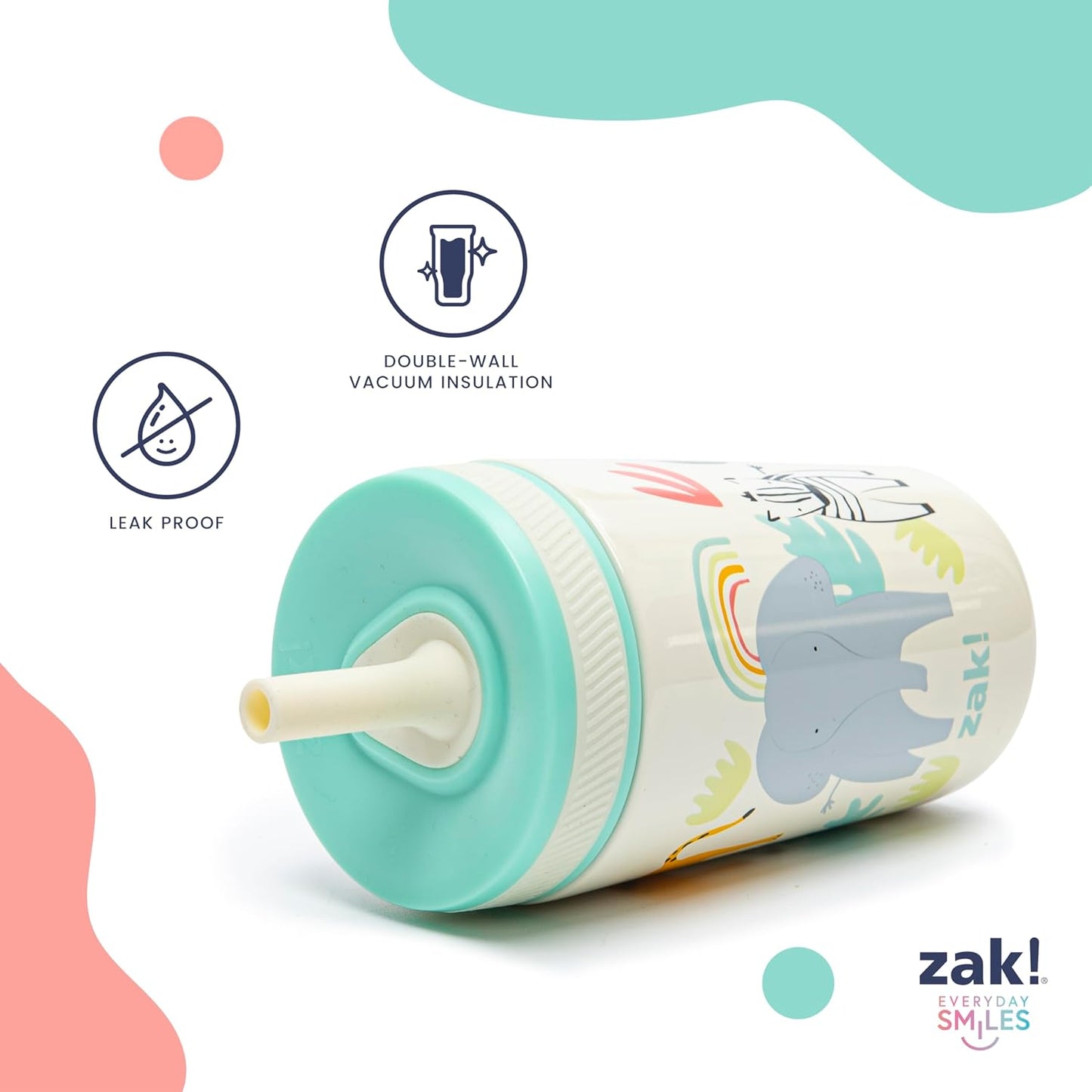 Zak Designs Kelso Toddler Cups For Travel or At Home, 12oz Vacuum Insulated Stainless Steel Sippy Cup With Leak-Proof Design is Perfect For Kids (Safari)