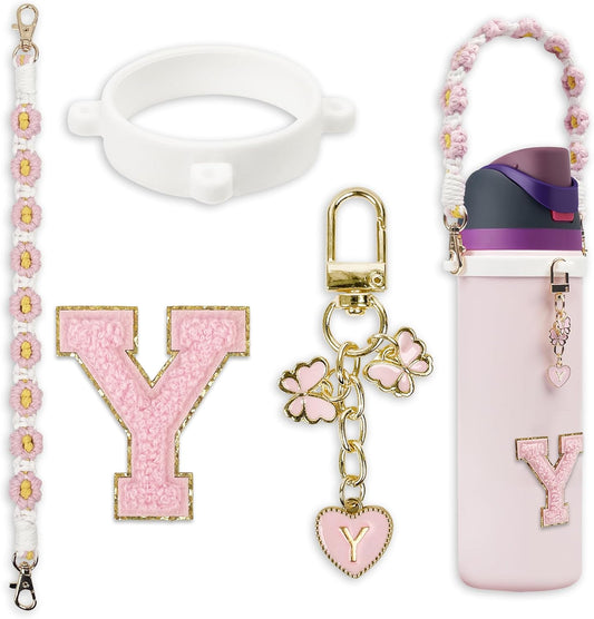 Cute Letter Charm Set Compatible with Owala Water Bottle 24 oz, 32 oz, 40 oz, Owala Kids, Owala Coffee Tumbler, Owala FreeSip – Includes Handle Strap, for Owala Accessories & Stanley Cup Accessories