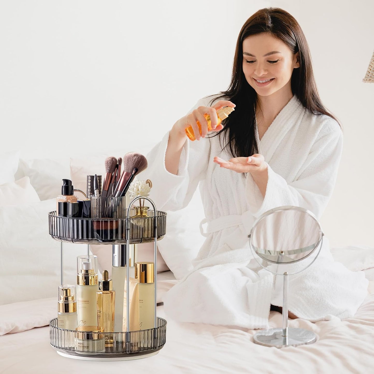 Aveniee 360° Rotating Makeup Organizer for Vanity, Upagraded Perfume Skincare Bathroom Counter Organizers with Brush Divider, Two Tier Spinning Lipstick Cosmetic Lotion Storage,Grey