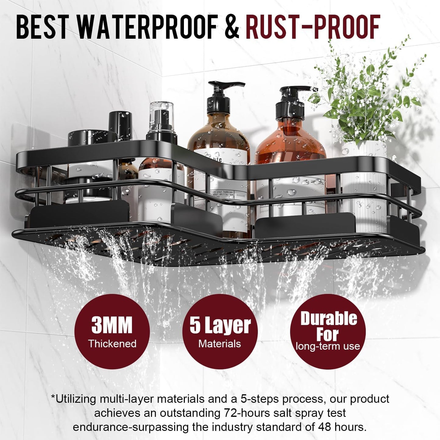 Large Capacity Shower Caddy, Heavy-Duty Adhesive Shower Organizers with Custom Aesthetic Design Soap, No Drilling Corner Shower Shelves, 5 Hooks for Bathroom Accessories - 3 Pack