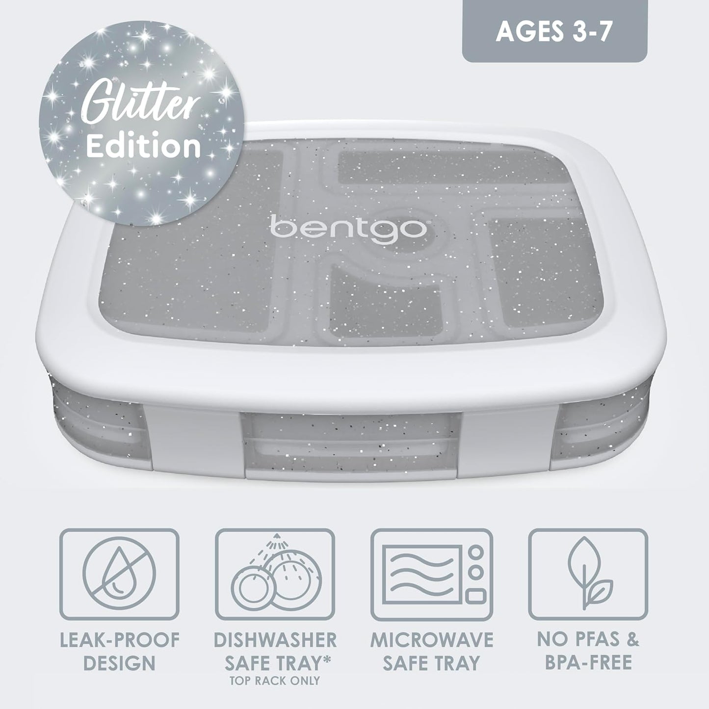 Bentgo Kids 5-Compartment Lunch Box - Glitter Design for School, Ideal for Ages 3-7, Leak-Proof, Drop-Proof, Dishwasher Safe, & Made with PFAS & BPA-Free Materials (Glitter Edition - Silver)