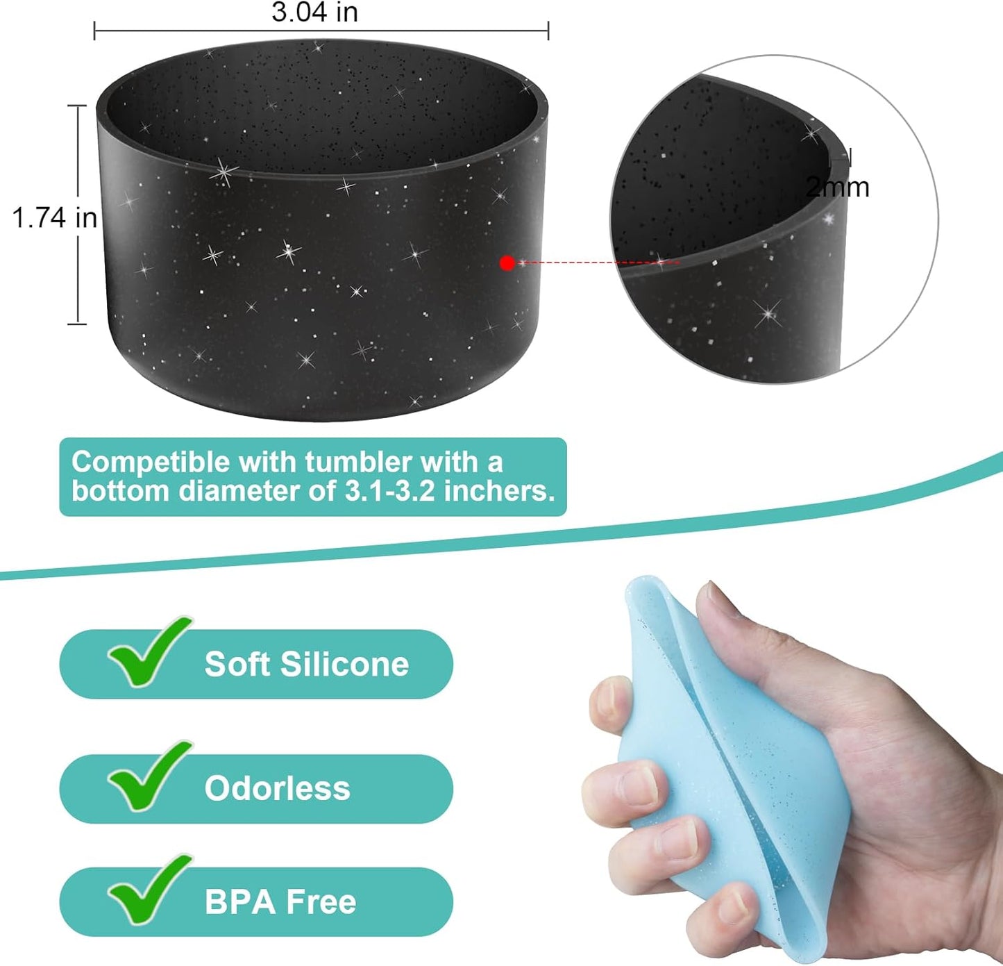 Upgrade 2PCS Protective Silicone Boot Bumper for Stanley Quencher Adventure 40oz 30oz IceFlow 20oz 30oz Tumbler, Water Bottle Bottom Sleeve Cover Accessories for Stanley Mug Cup(Glitter Black)