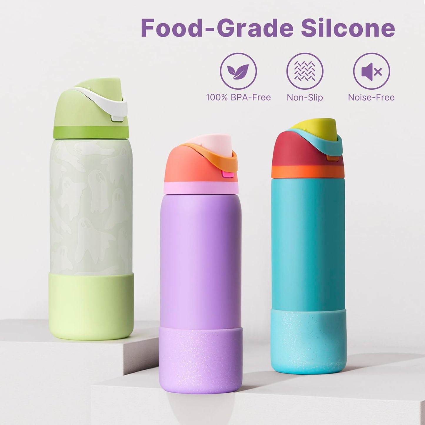 Silicone Water Bottle Boot for Owala 32 oz, Anti-Slip Protective Sleeve for Twist, FreeSip & Flip Stainless Steel Bottles, Bottom Base (Glitter Purple)