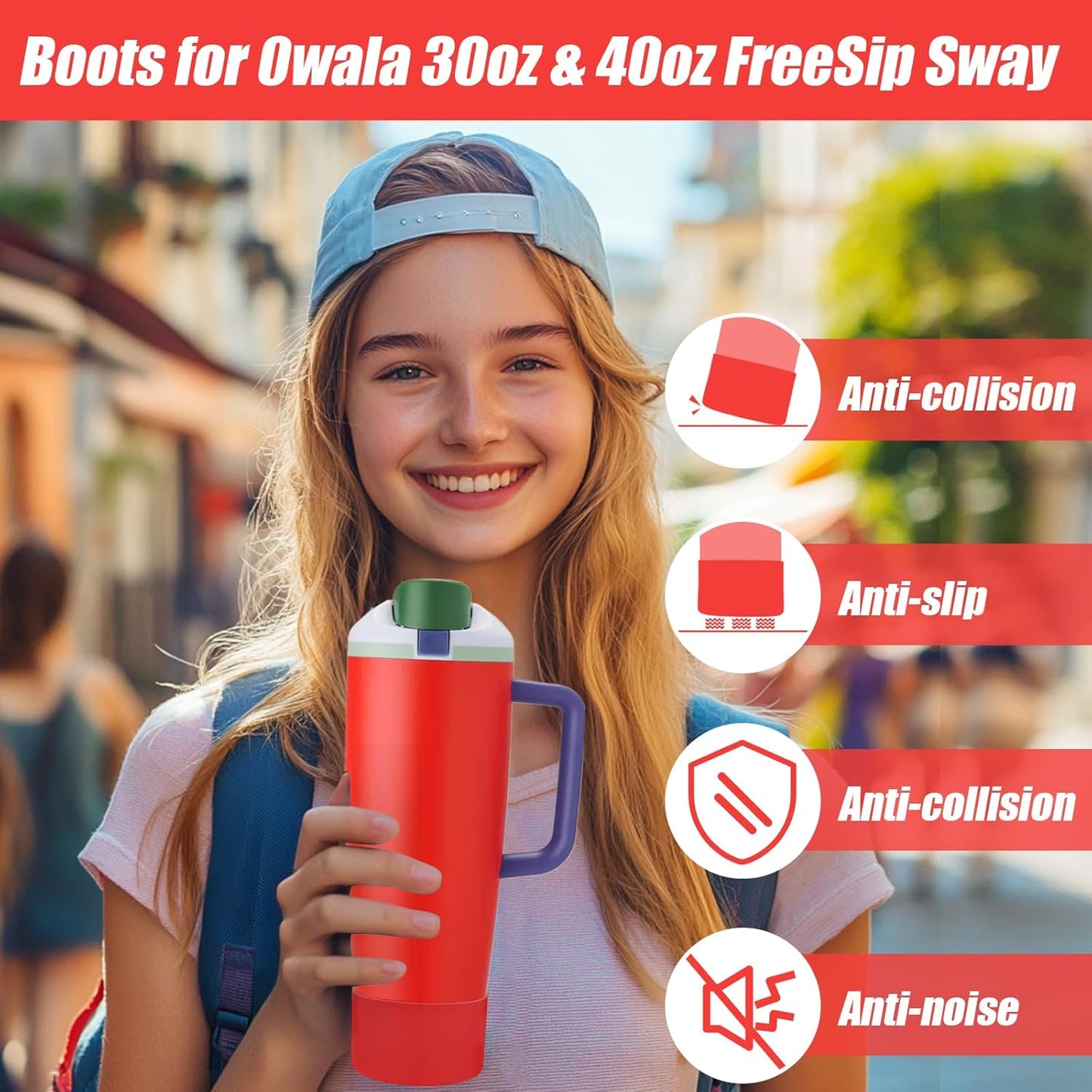 Mity rain 2PCS Protective Silicone Boots for Owala 30oz & 40oz FreeSip Sway Bottles & Tumblers - Accessories for owala, Enhances Stability & Prevents Scratches (Red)