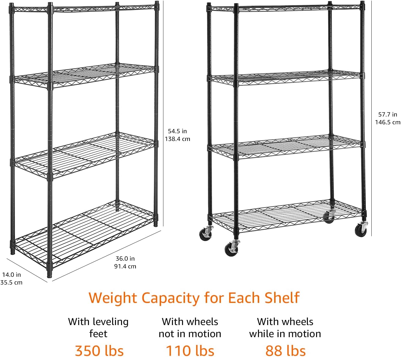 Amazon Basics 4-Shelf Adjustable, Heavy Duty Storage Shelving Unit on 3'' Wheel Casters, Metal Organizer Wire Rack, 36" L x 14" W x 57.75" H, Black