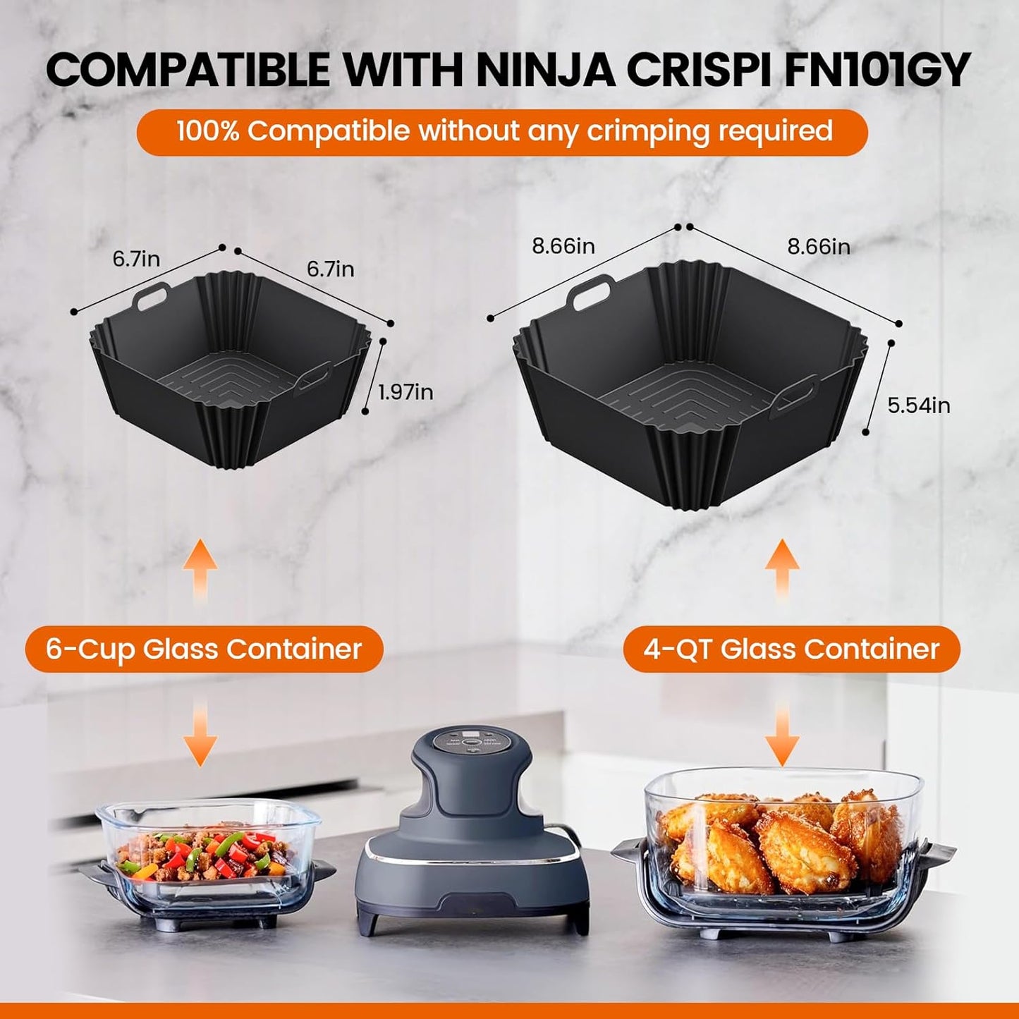 Silicone Air Fryer Liners Reusable for Ninja Crispi, 2PCS Airfryer Liners for 4 QT & 6 Cup Glass Containers Ninja Airfryer Accessories(Black)