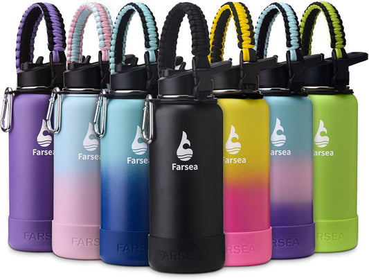 Farsea Insulated Water Bottle With Paracord Handle, Protective Boot and 2 Lids (Straw Lid & Spout Lid), Stainless Steel Water Bottle Wide Mouth, Double Wall Sweat-Proof BPA-Free, 32 oz