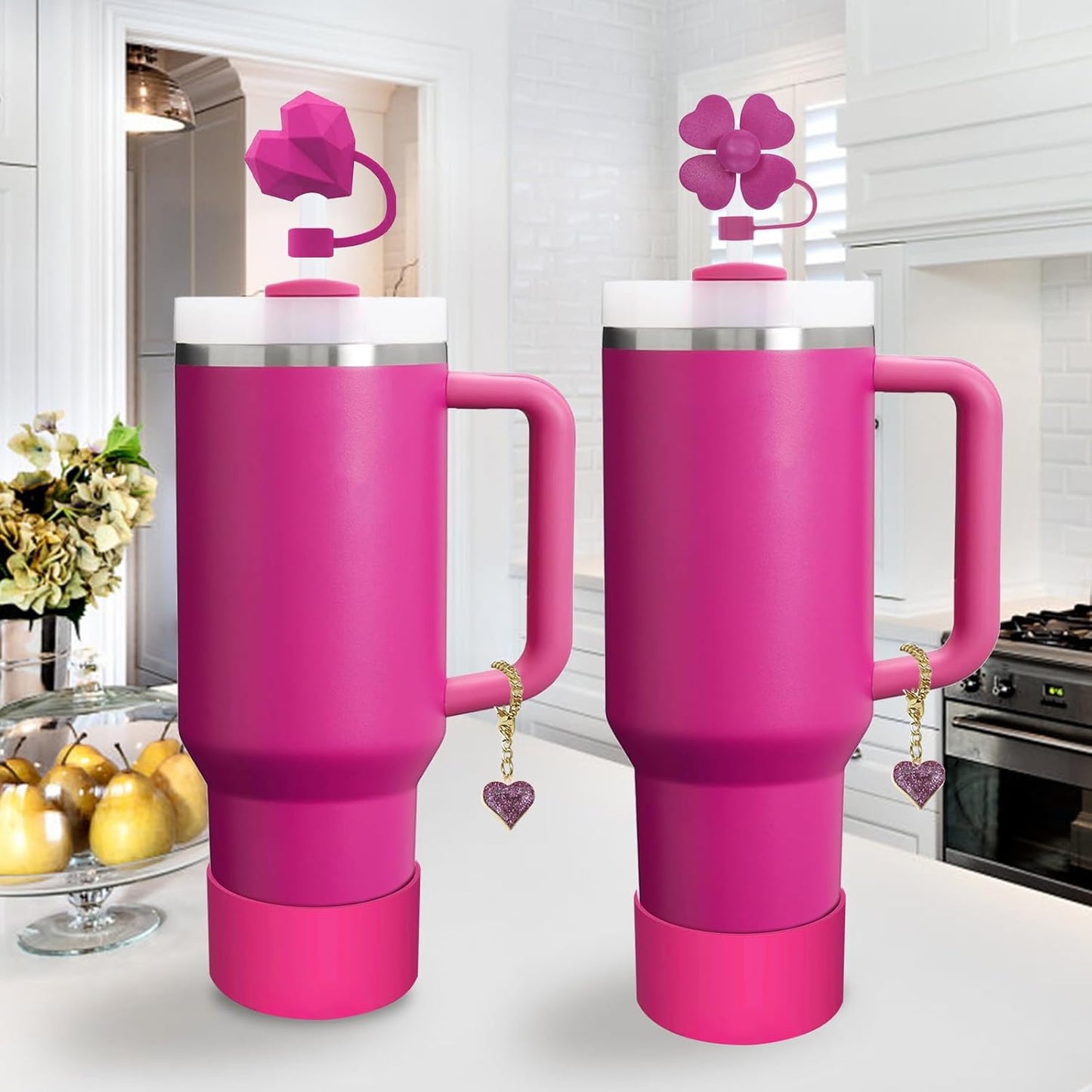 Stanley Cup Accessories Set,Including 2 Pcs 0.4in Straw Cover, 1 Silicone Spill-Proof Stopper Set of 3, 1 Cute Heart Handle Charm, 1 Silicone Boot Fits Stanley 40&30 Oz Tumbler (Fuchsia)