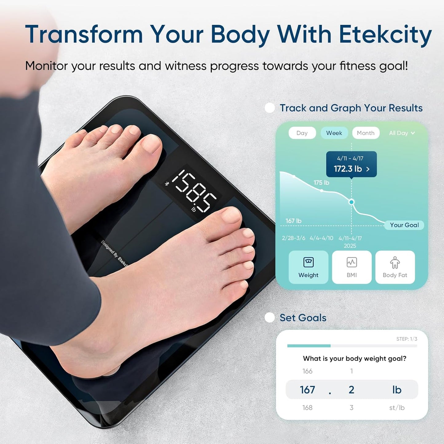 Etekcity Smart Scale for Body Weight, FSA&HSA Eligible, Bathroom Digital Weighing Scale with BMI, Body Fat, Muscle Mass, Accurate Bluetooth Home User Health Equipment Sync Apps