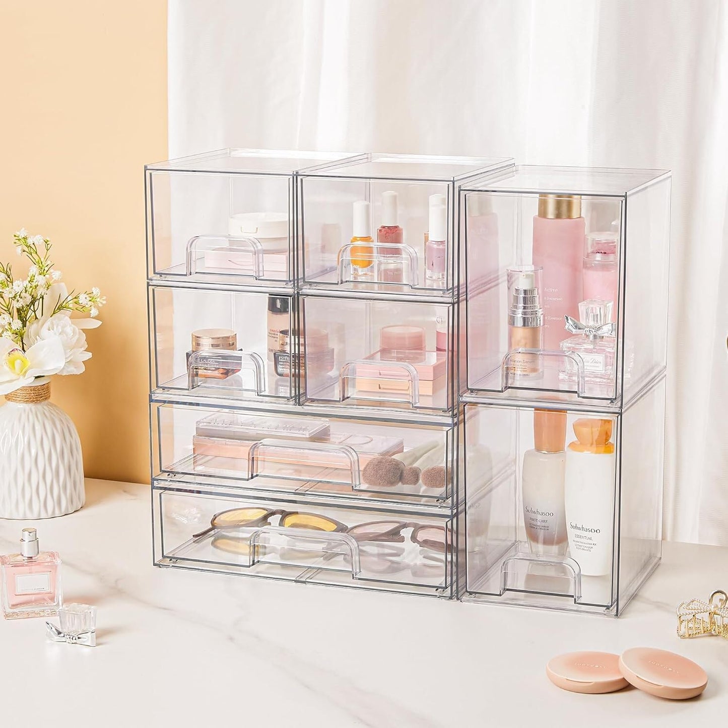 Vtopmart Stackable Storage Drawers Set of 5, Clear Plastic Organizer Bins for Beauty Supplies,Ideal for Vanity, Bathroom,Cabinet,Pantry Organization