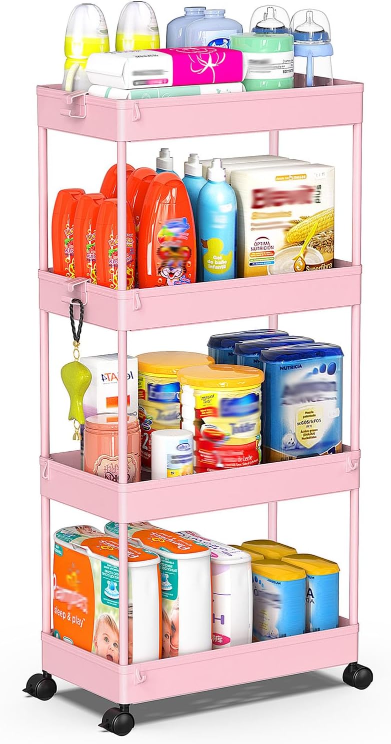 SPACEKEEPER Storage Cart 4-Tier, Bathroom Rolling Cart Utility Storage Organizer Shelf Mobile Shelving Unit for Kitchen Living Room Bathroom Laundry Room & Dressers, Pink