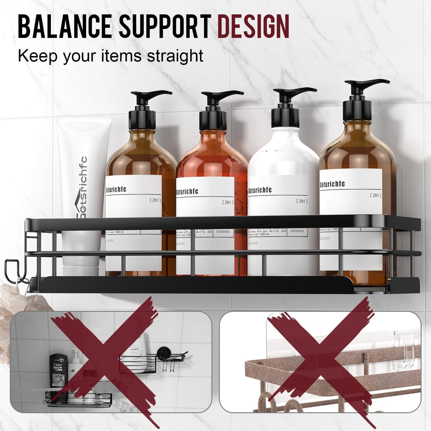 Large Capacity Shower Caddy, Heavy-Duty Adhesive Shower Organizers with Custom Aesthetic Design Soap, No Drilling Corner Shower Shelves, 5 Hooks for Bathroom Accessories, 3 Pack