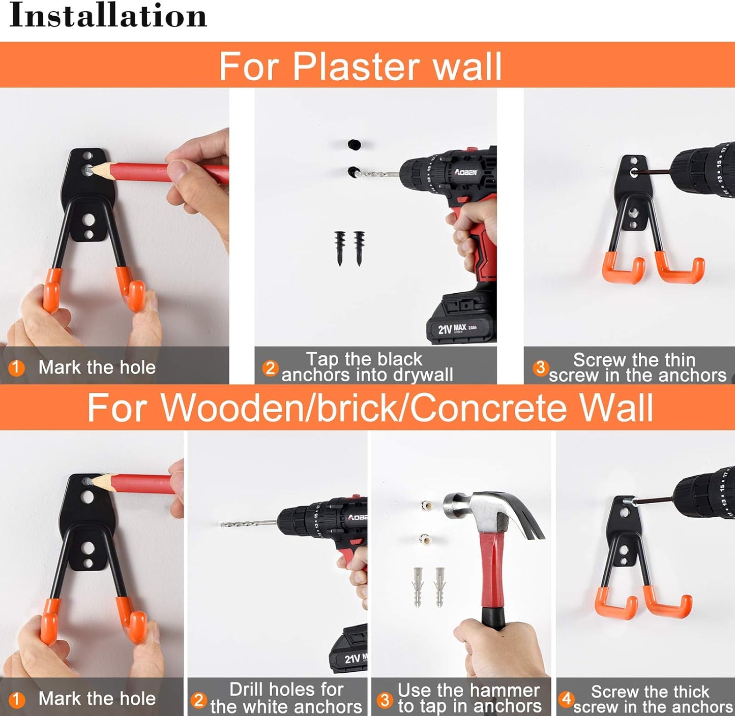 AOBEN Garage Hooks Heavy Duty, Steel Garage Storage Hooks, Utility Tool Hangers and Combinable Wall Mount for Organizing Ladders, Bikes, Hoses, and More Equipment (Large J, 4 Pack)