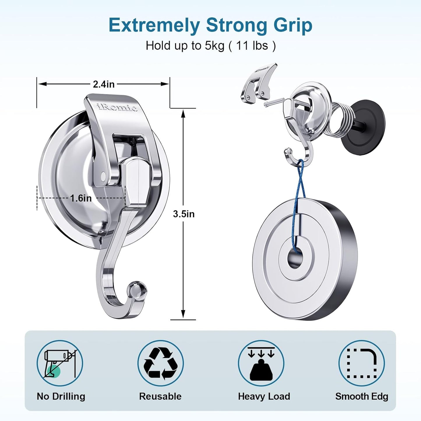 Heavy Duty Vacuum Suction Cup Hooks (2Pack) Specialized for Kitchen&Bathroom&Restroom Organization, by iRomic