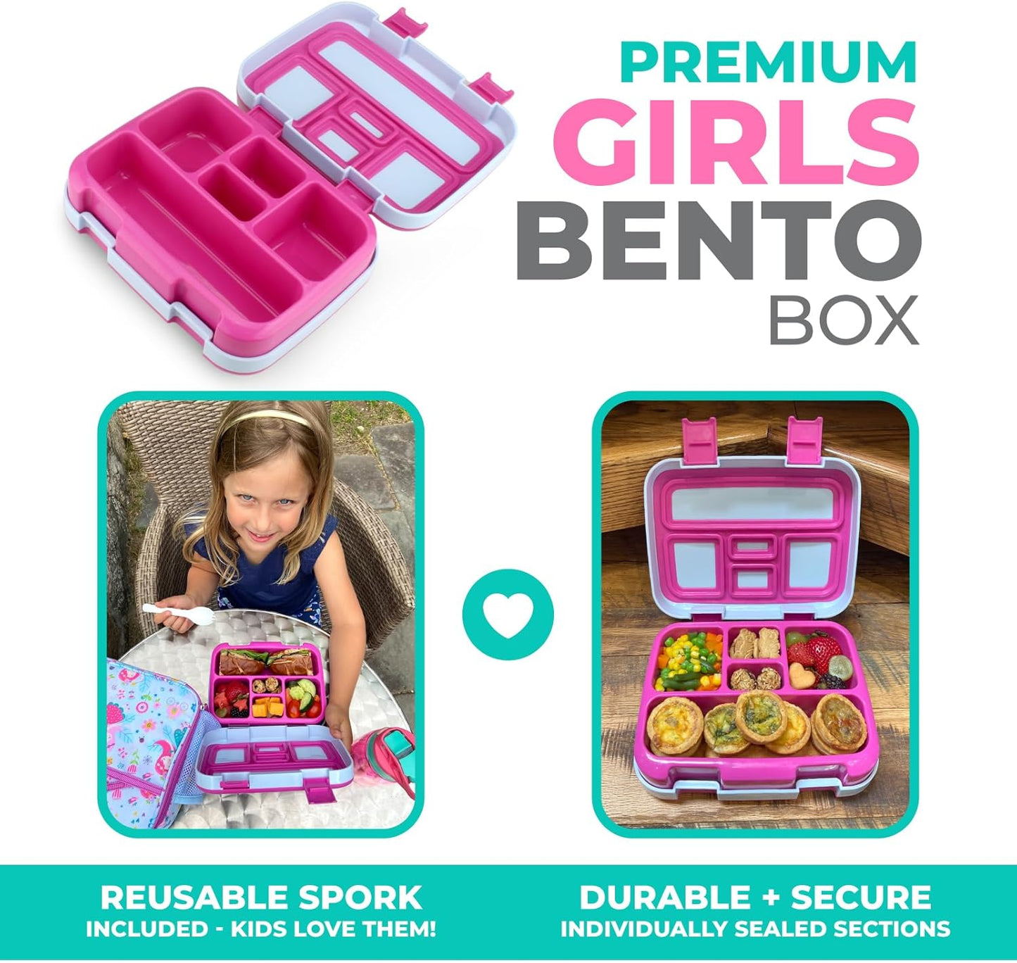 kinsho Bento Lunch Box for Kids Toddlers Girls, 5 Portion Sections Secure Lid, Microwave Safe BPA Free Removable Tray, Pre-School Kid Daycare Lunches Snack Container Ages 3 to 5, Pink Fairy Princess