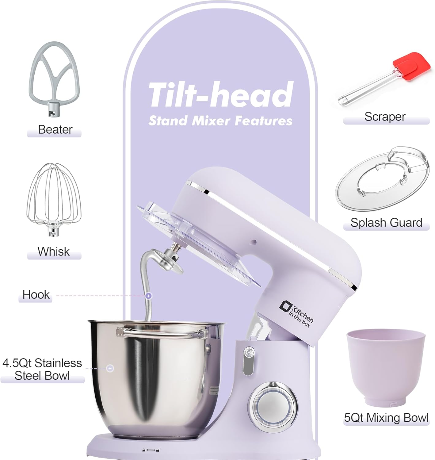 Kitchen in the box Stand Mixer, 4.5QT+5QT Two bowls Electric Food Mixer, 10 Speeds 3-IN-1 Kitchen Mixer for Daily Use with Egg Whisk,Dough Hook,Flat Beater (Lilac, 5QT)