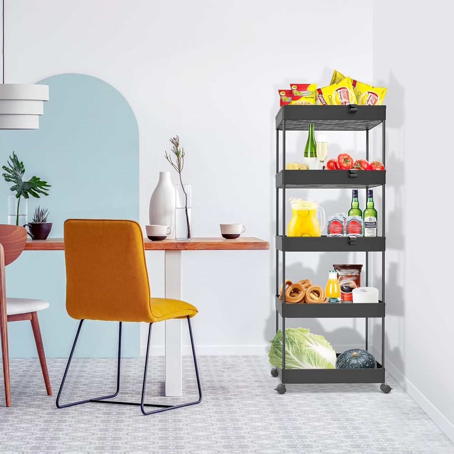 SPACEKEEPER 5-Tier Rolling Cart, Bathroom Storage Organizer Utility Cart, Mobile Shelving Unit Slide Out Shelves for Kitchen Living Room Laundry Room & Dressers, Black