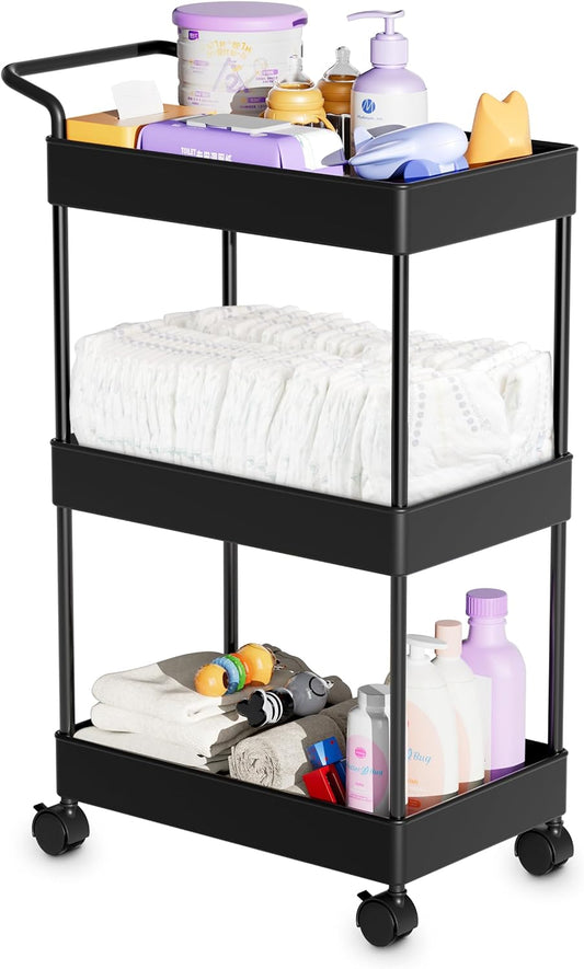 Baby Diaper Caddy – Plastic Diaper Organizer for Nursery Essentials, Movable Cart for Changing Table & Crib, Easy to Assemble, Black