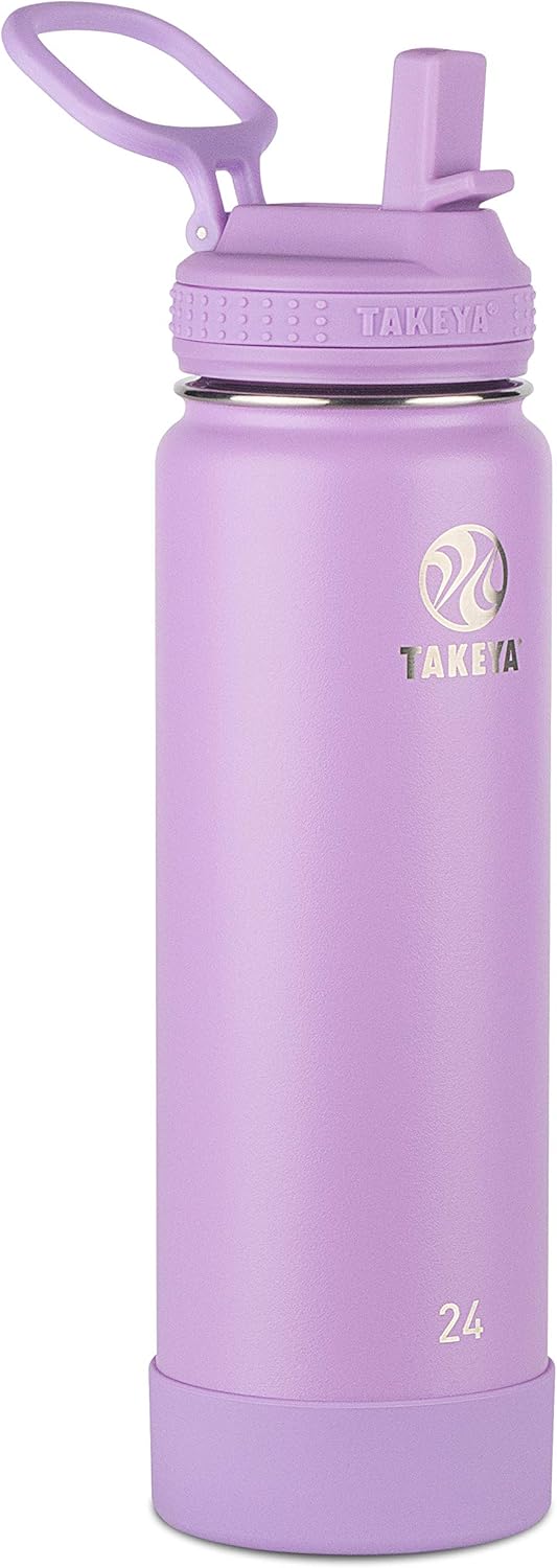 Takeya Actives 24 oz Water Bottle with Straw Lid - Double Wall Stainless Steel Insulation - Dishwasher Safe & BPA-Free - Removable Bumper - Lilac