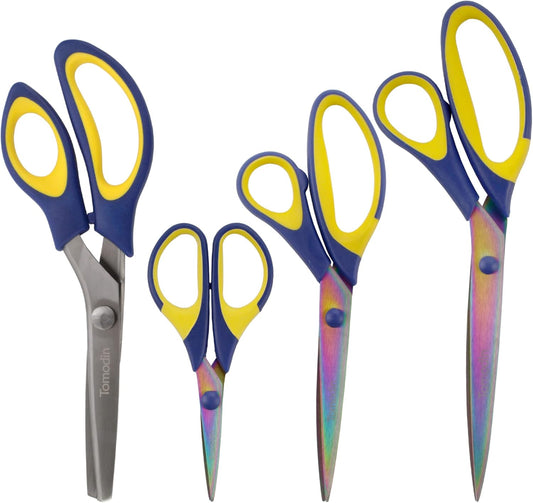 BambooMN Titanium Softgrip Scissors Set - Pinking, Sewing, Arts, Crafts, Office - 3 Sets of 4 - Blue w/Yellow