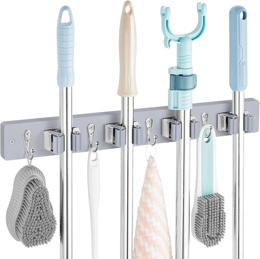 Gray Mop Broom Holder Wall Mount with 4 Slots & 4 Hooks - Wood Broom Mop Hanger for Pantry Closet Laundry Room Organization - Heavy Duty Garden Tool Organizer