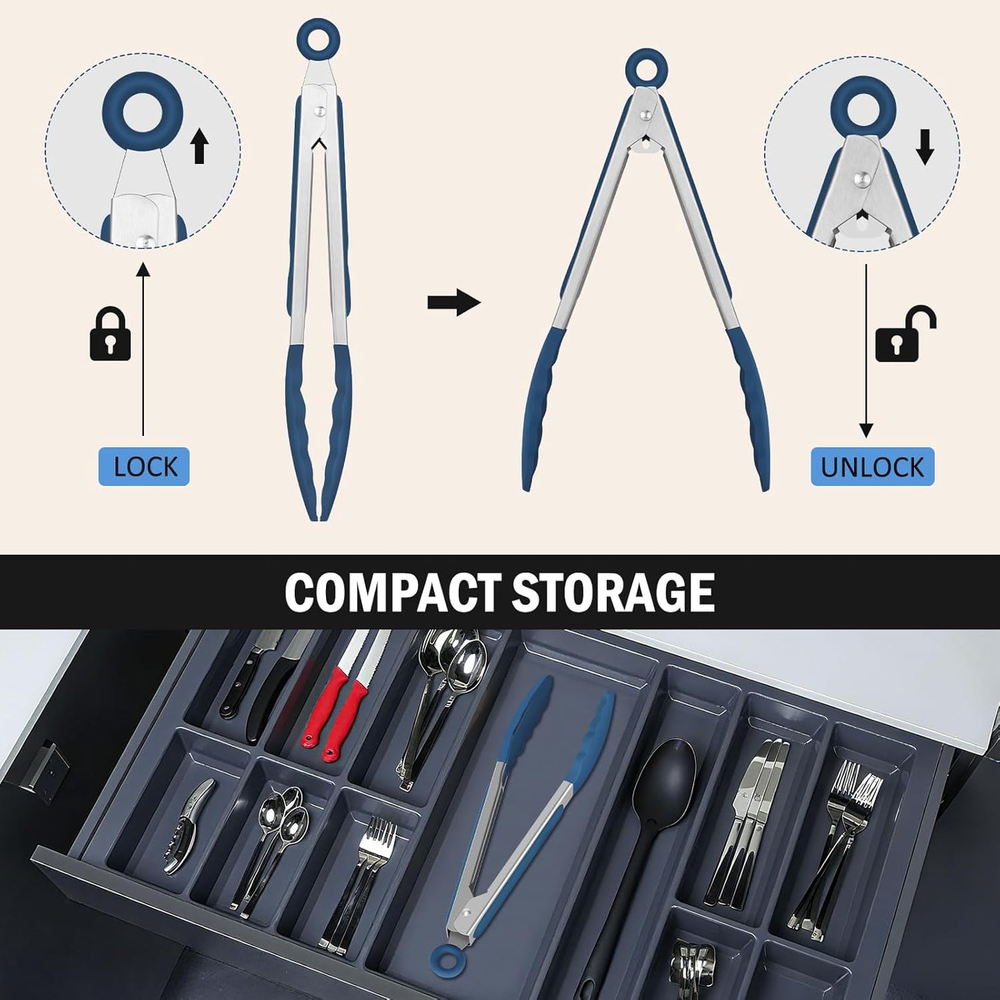 Kitchen Tongs, Stainless Steel Silicone Tongs for Cooking 600ºF High Heat-Resistant BBQ Grilling Locking Tongs, Set of 2-9" and 12" Classic Blue