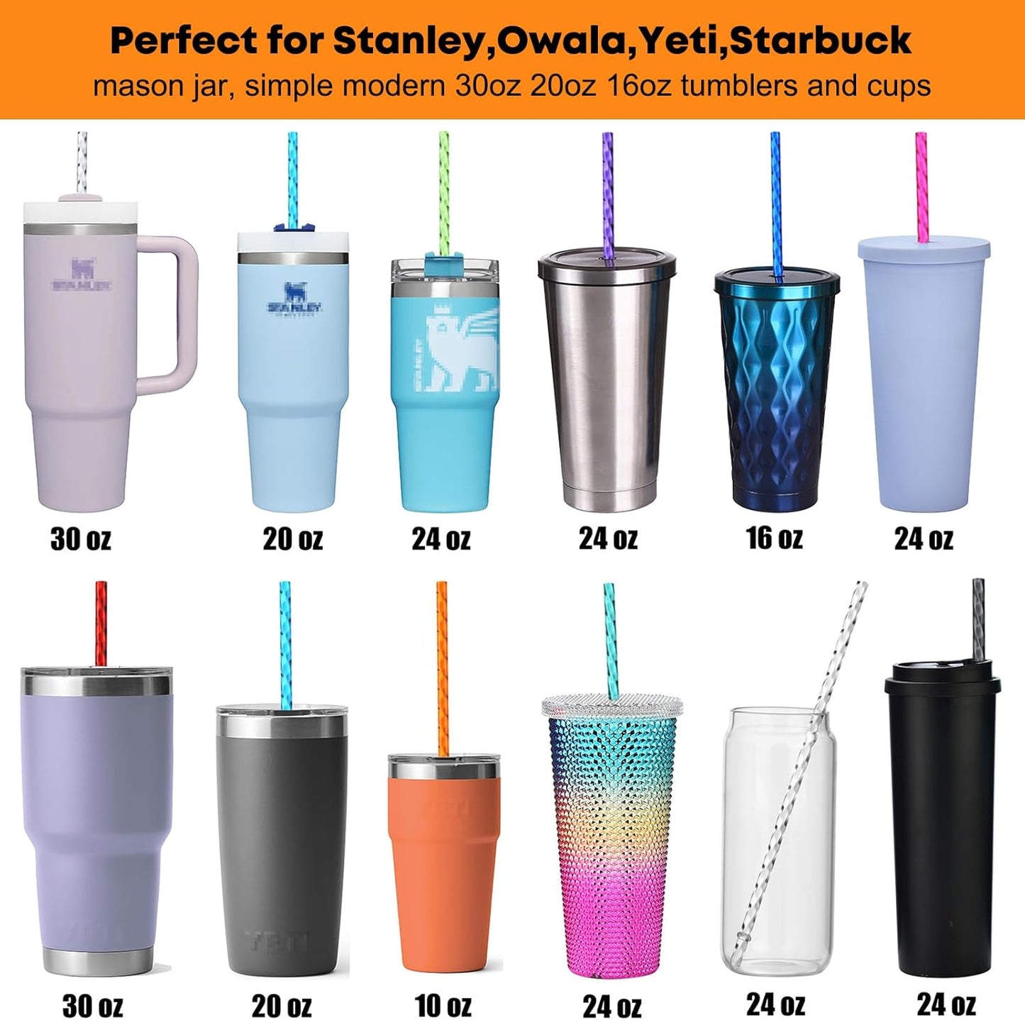ALINK 12-Pack Reusable Plastic Clear Swirl Straws, 11" Long Colorful Hard Plastic Tumbler Replacement Straws for 16 OZ 20 OZ 30 OZ Stanley, YETI, Starbucks, Owala Tumblers with Brush