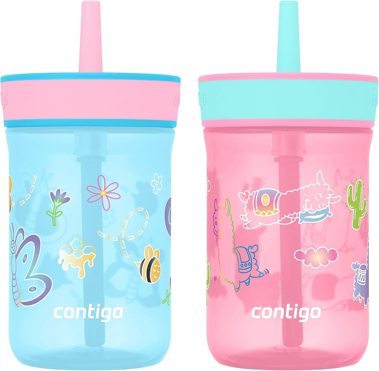 Contigo Leighton Kids Water Bottle, 2-Pack, 14oz, Spill-Proof, Blue Raspberry/Azalea & Butterlies/Llamas, Dishwasher Safe Tumbler with Straw