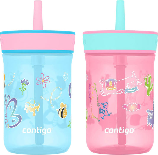 Contigo Leighton Kids Water Bottle, 2-Pack, 14oz, Spill-Proof, Blue Raspberry/Azalea & Butterlies/Llamas, Dishwasher Safe Tumbler with Straw