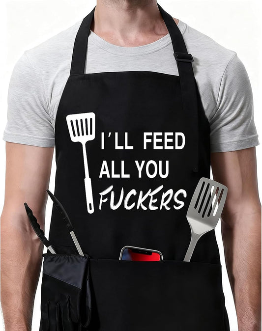 ZOORON Funny Black Chef Aprons for Men Adjustable BBQ Grill Kitchen Cooking Aprons with Pockets, Grill Accessories