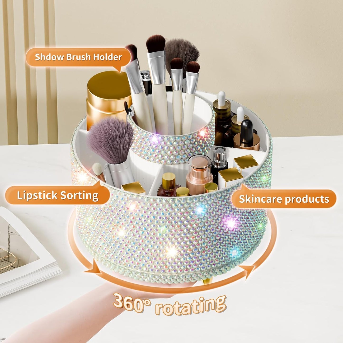 Bling 360° Rotate Makeup Brush Holder Organizer, Makeup Organizers Countertop, Makeup organization and Skincare Storage for Vanity, Gift for Women Girls (Bling dz-White AB)