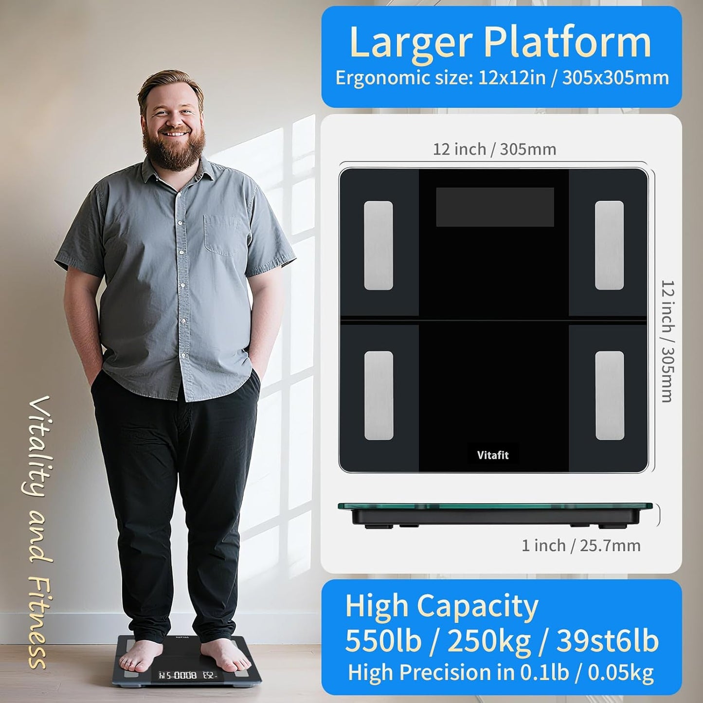 Vitafit 550lb Smart Bathroom Scale for Body Weight, High Precision in 0.1lb Assured by Weight Scale Professional Factory Since 2001, App Sync 13 Body Composition with BMI and Body Fat, Black