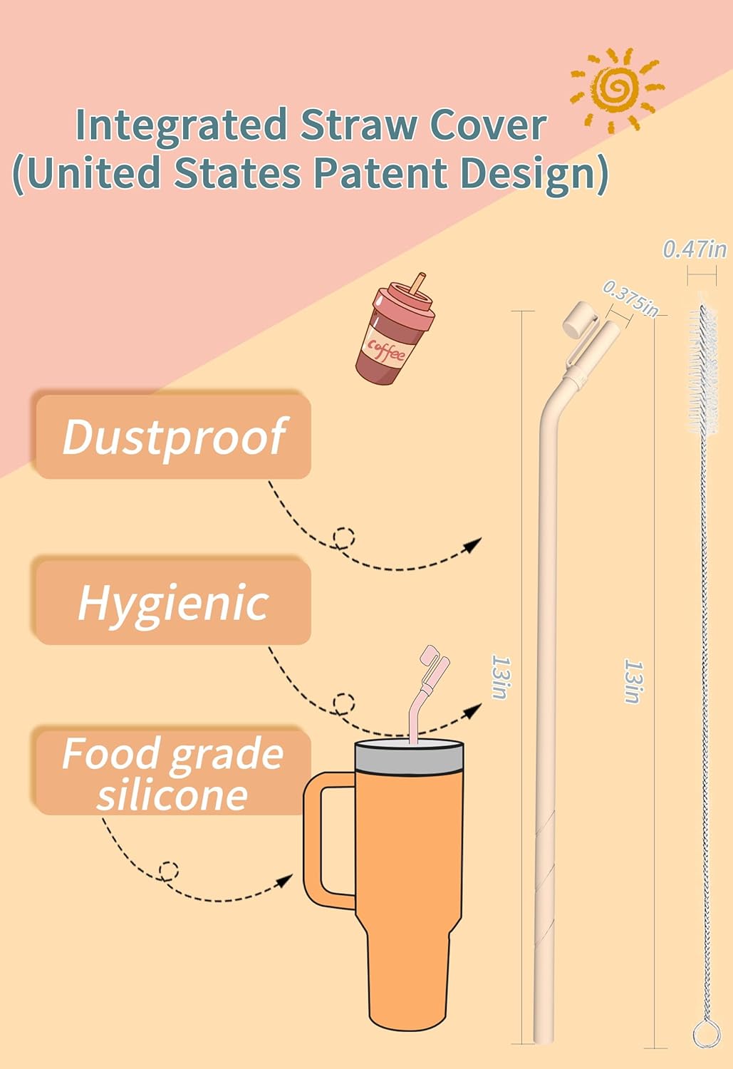 Doboli 12 Pack Replacement 12&13 inch Long Silicone Straw With Straw Cover,Compatible with Stanley 40 oz 30 oz Cup Tumbler, Reusable Straws with Cleaning Brush,for Stanley Tumbler Accessorie