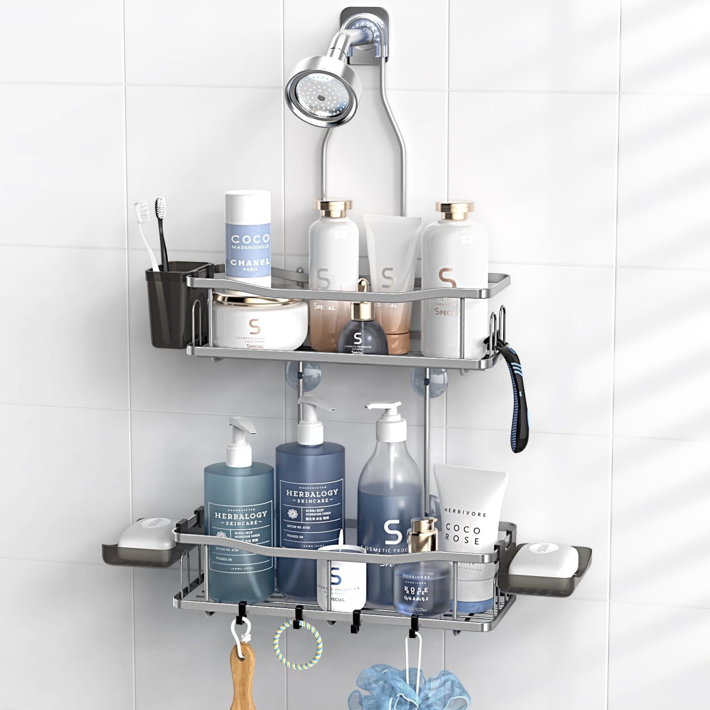 Hanging Shower Caddy Bathroom Organizer: Rustproof Shower Shelf Racks Over Shower Head - No Drilling Inside Bath Shower Rack Shelves Over Showerhead for Shampoo with Soap Holder Silver