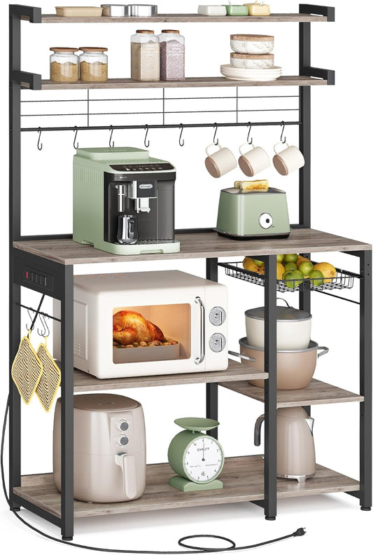 VASAGLE Bakers Rack with Power Outlet, 35.4 Inches Microwave Stand, Coffee Bar, 4 AC Outlets, with Adjustable Shelves, 8 S-Hooks, Basket, Spice Racks, Heather Greige and Ink Black UKKS031K02