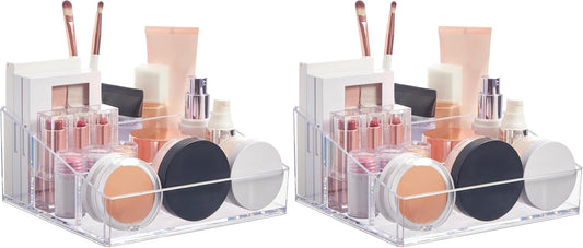 STORi Clear Plastic Small Countertop Vanity Makeup Organizer, Compact Rectangular 4-Compartment Holder for Brushes, Eyeshadow Palettes, & Beauty Supplies, Made in USA (Pack of 2)