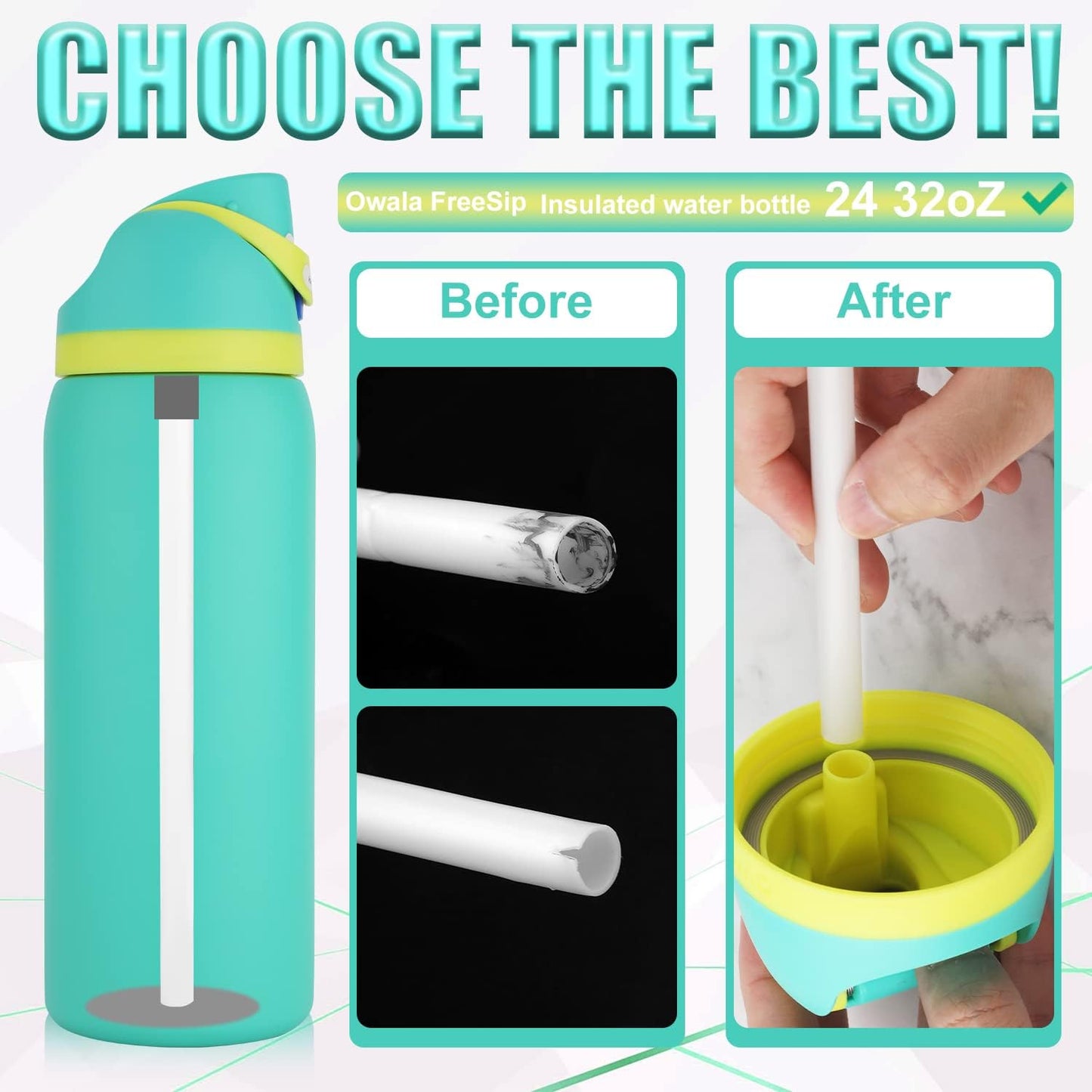 6PCS Replacement Straws for Owala Water Bottle 24 oz 32 oz, Reusable Plastic Straws with Cleaning Brush for Cup 24oz 32oz Travel Tumbler Accessories Parts for Sports Bottle(White)