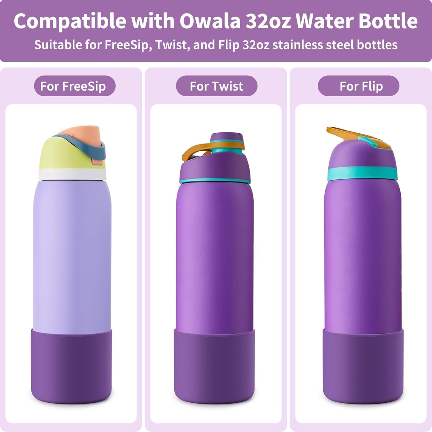 Silicone Water Bottle Boot for Owala 32 oz, Anti-Slip Protective Sleeve for Owala Twist & FreeSip & Flip Stainless Steel Water Bottle, Boot Bottom Base for Owala (Purple)