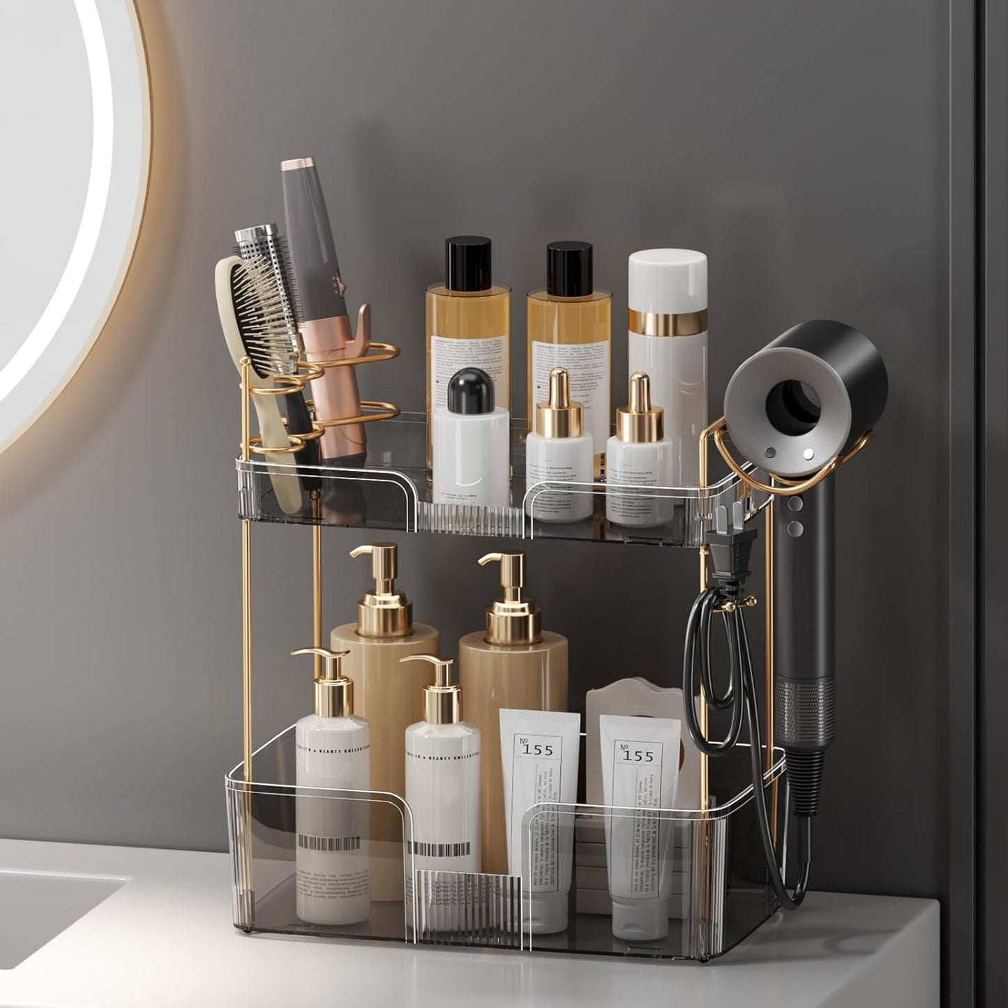 2 Tier Bathroom Counter Organizer with Hair Dryer Holder, Modern Style, Grey