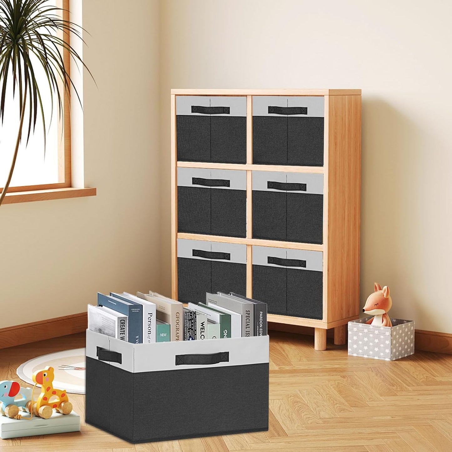 GhvyenntteS Large Storage Baskets for Shelves 3 Pack, Collapsible Fabric Storage Bins with 3 Handles, Decorative Closet Organizers and Storage bins for Clothes Blanket Beddings (Black, 15"x11"x9.6")