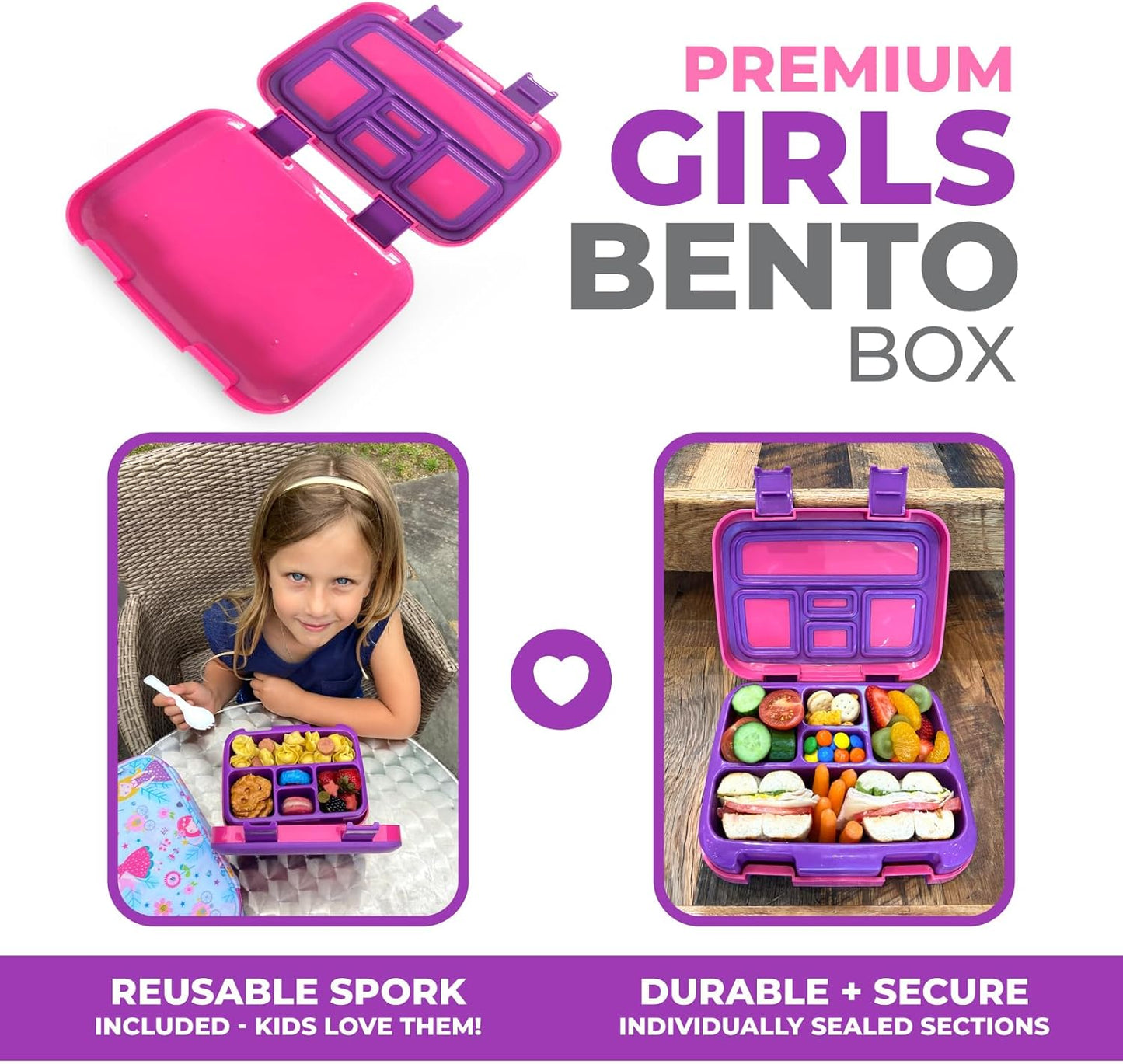 kinsho Bento Lunch Box for Kids Toddlers Girls, 5 Portion Sections Secure Lid, Microwave Safe BPA Free Removable Tray, Pre-School Kid Daycare Lunches Snack Container Ages 3 to 5, Pink Purple