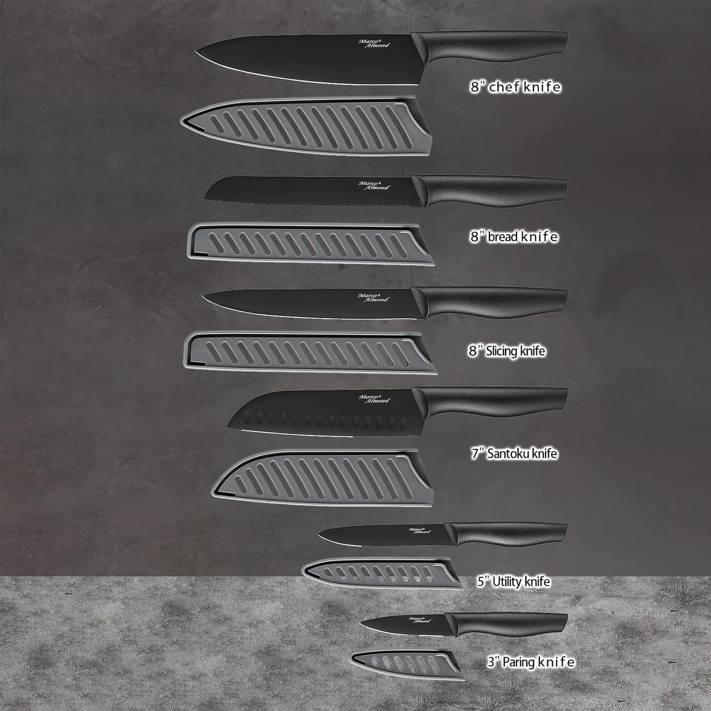 Kitchen Knife Set, KYA38 12-Piece Kitchen Knives Set with Covers, Marco Almond® 6 Knives with 6 Blade Guards, Stainless Steel Cooking Knives Set for Kitchen, Black