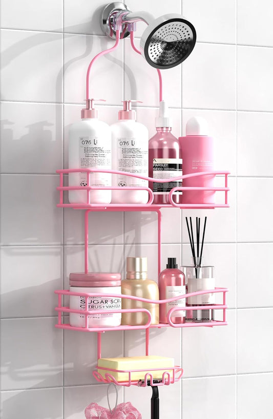 Pink 3-Tier Over Head Shower Caddy with Soap Holder & 6 Hooks - Hanging Shower Caddy for Bathroom Organizer