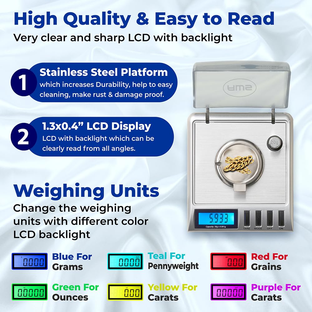 AWS Gemini-50 Milligram Scale 50g x 0.001g – Digital Jewelry/Lab Scale for Powder, Gold, Gems – Includes Calibration Weights, Tweezers & Tray – Tare, Cal, 6 Units, Pocket Size Mg Scale (Silver)