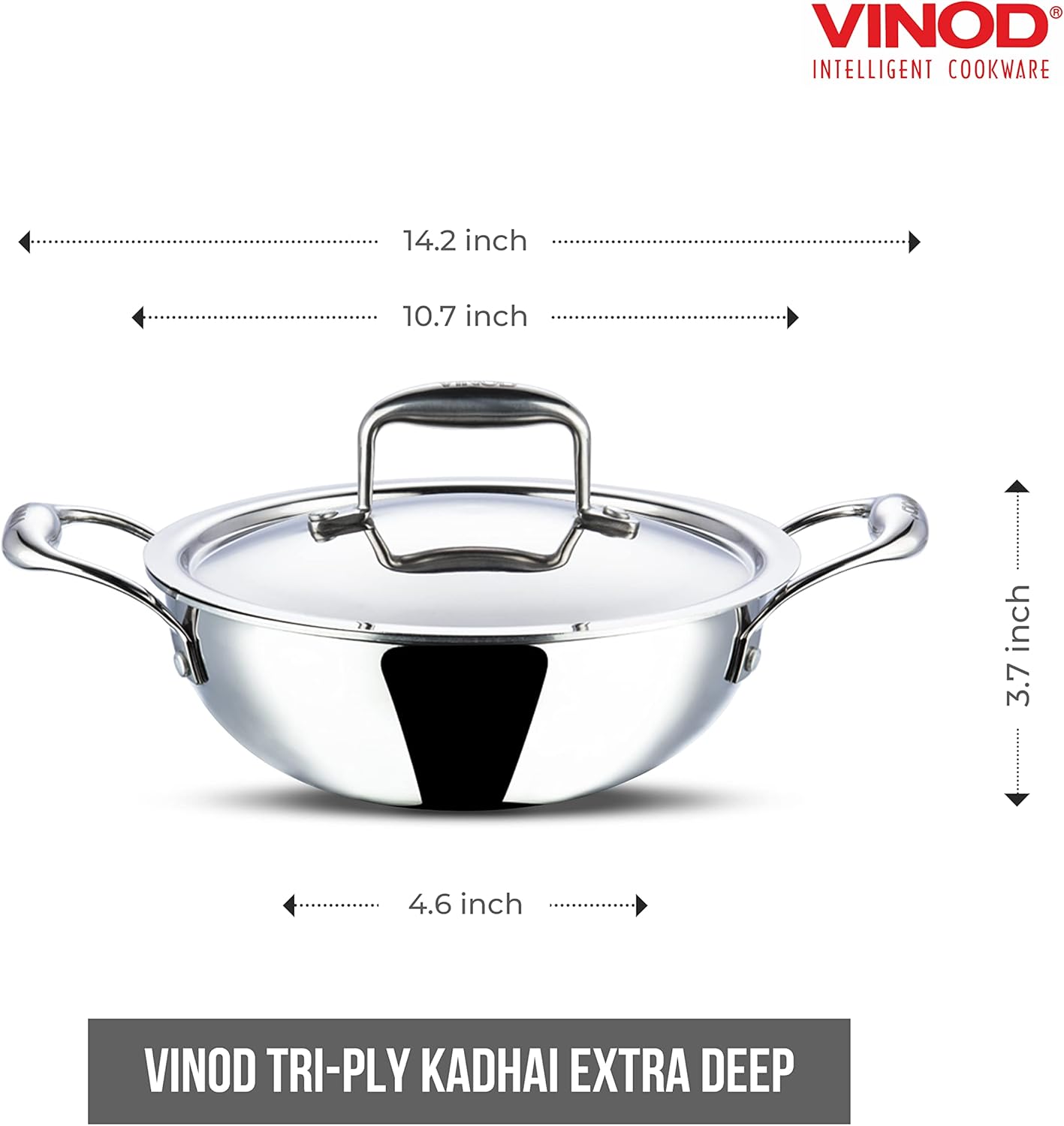 Vinod Platinum Triply Stainless Steel Kadai | Suitable For Indian Cooking, Sauces, Stews, Soups | Extra Deep Kadai With Lid | Induction, Electric Friendly (26cm)