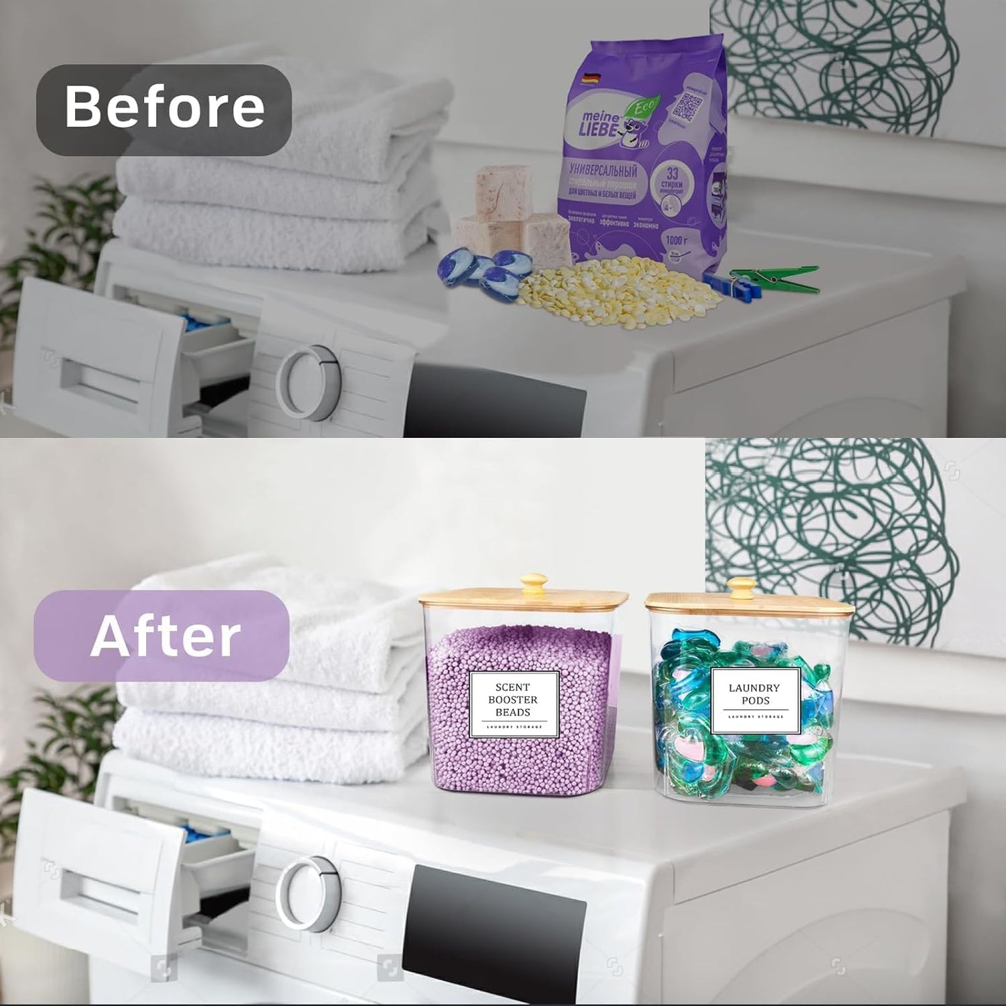 Laundry Pods Storage Container, Clear Laundry Room Organization and Storage ,Detergent Powder Container,with Wooden Lids & Labels, 3+1 Pack