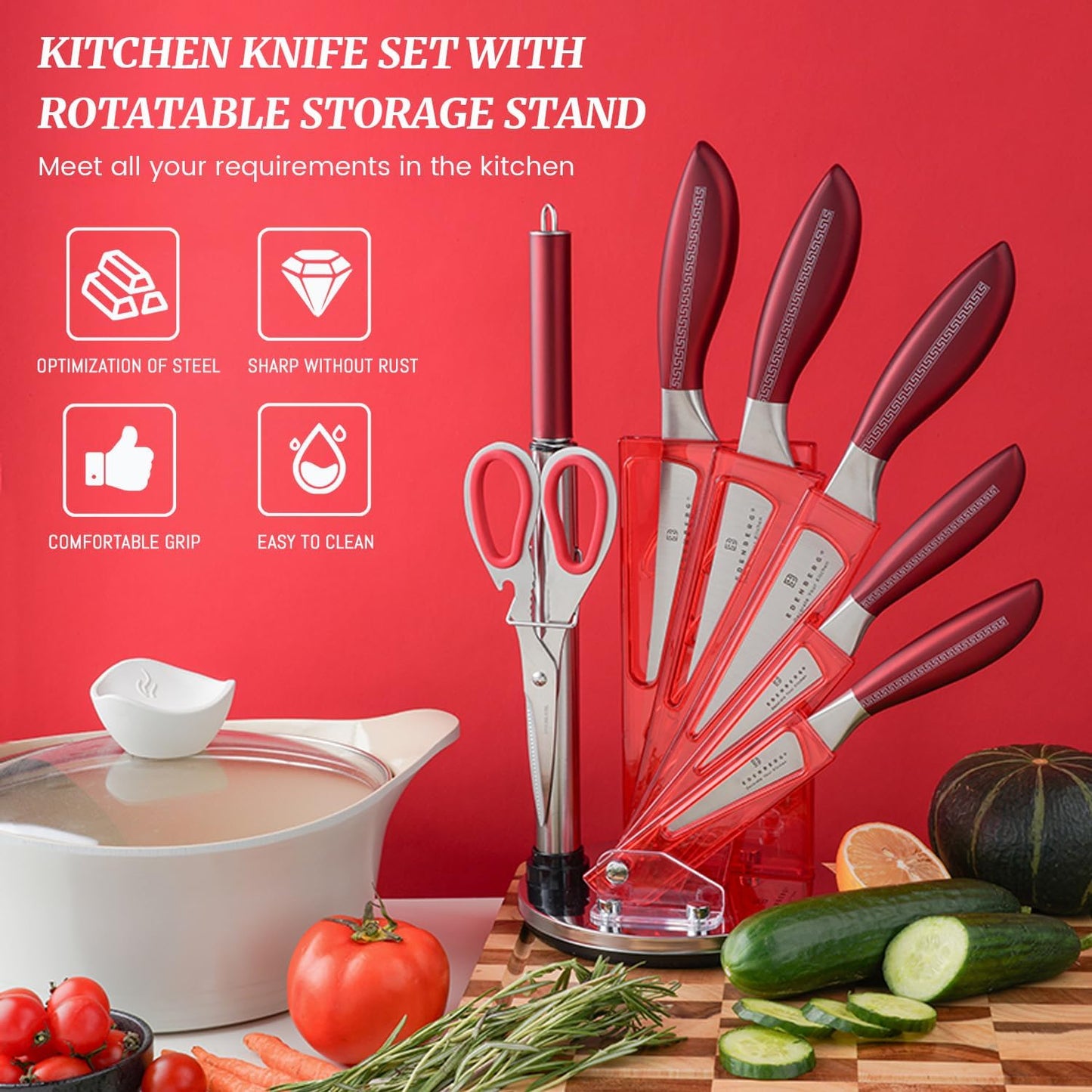 Kitchen Knife Set, Retrosohoo 9-Piece Red Sharp Non-Stick Coated Chef Knives Block Set,Stainless Steel Knife Set for Kitchen with Sharpener for Cutting Slicing Dicing Chopping (Red)