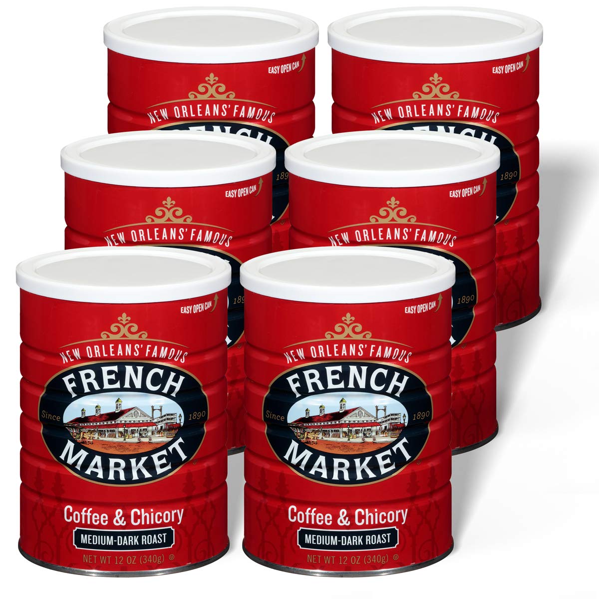 French Market Coffee & Chicory Medium-Dark Roast Ground Coffee, 12oz Can (Pack of 6)
