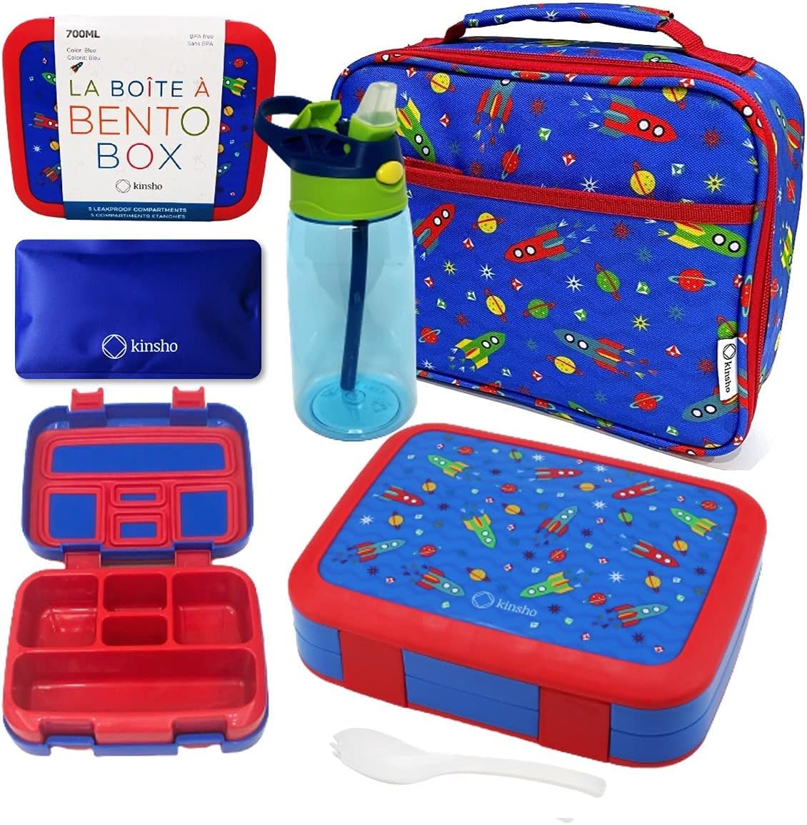 kinsho Bento Lunch Box, Water Bottle, Ice Pack Set for Kids Toddlers, 5 Portion Sections, Removable Plastic Tray, Pre-School Kid Toddler Daycare Lunches, Snack Container, Blue Space Rocket
