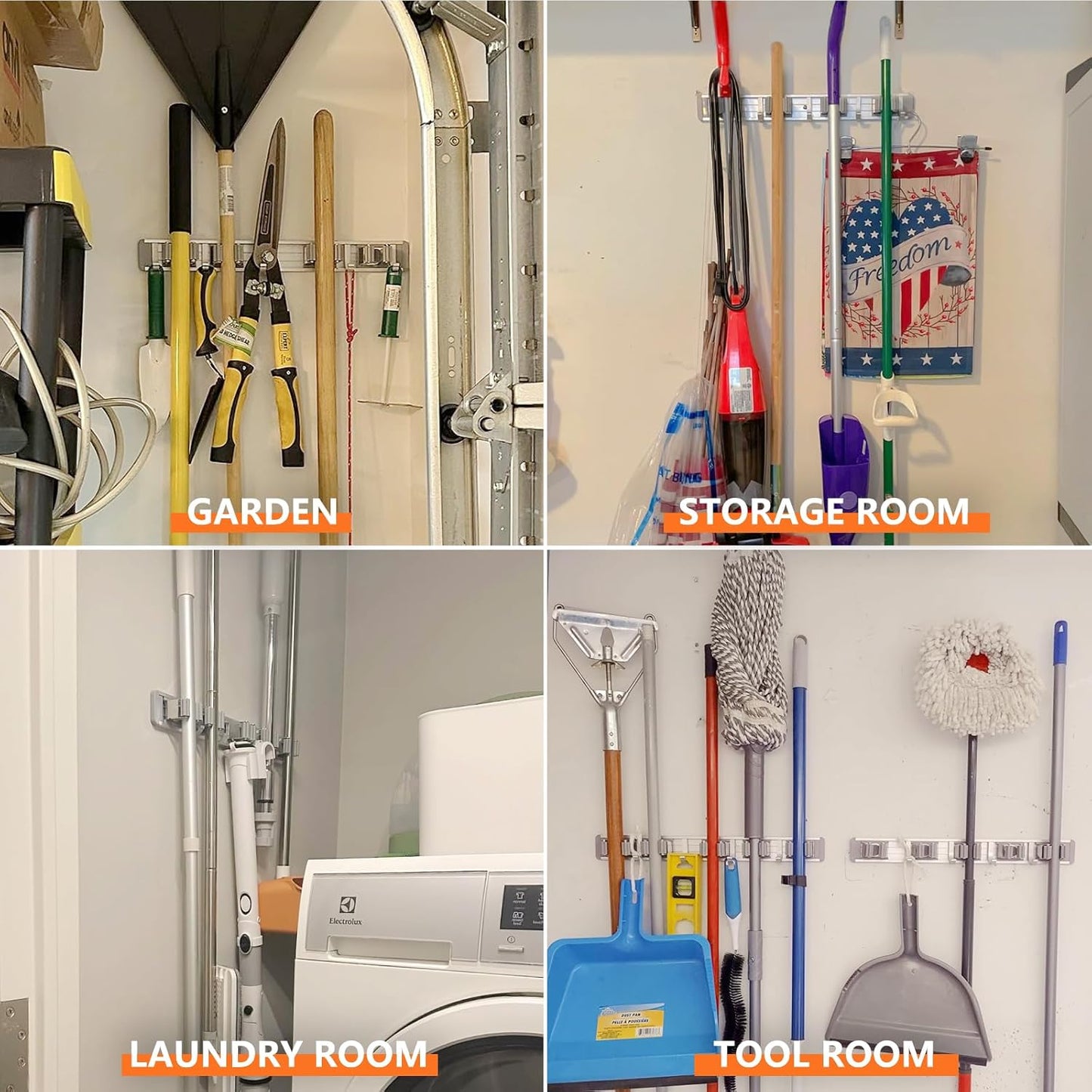 reliahom Broom Holder Wall Mount Mop and Broom Hanger Wall Mounted Garage Storage Rack Kitchen Garden Tool Organizer (4 Racks with 5 Hooks, Silver)